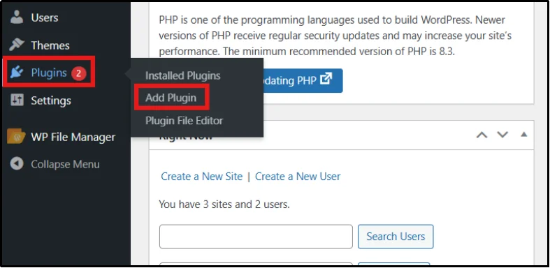 WordPress admin dashboard Plugins Add Plugin menu