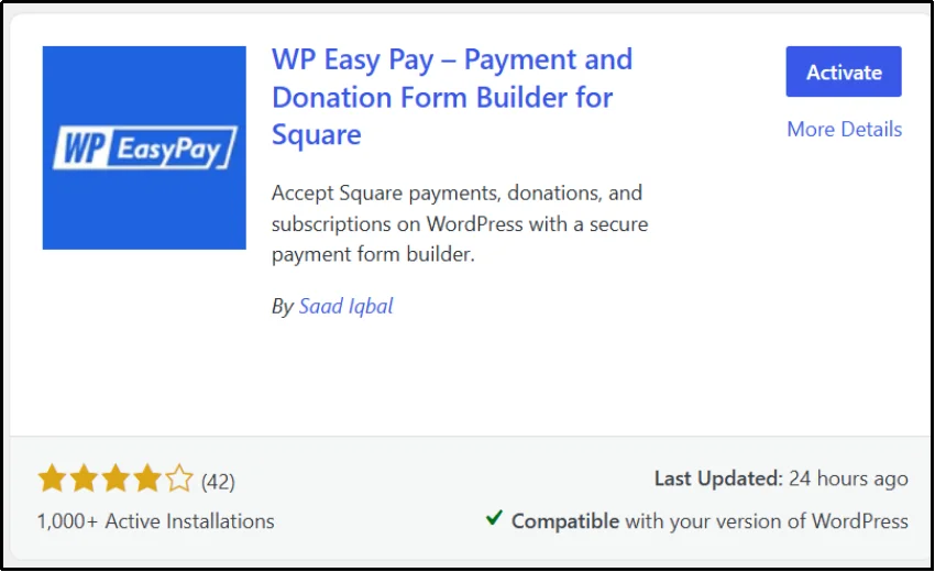 Install Now button on WP Easy Pay plugin