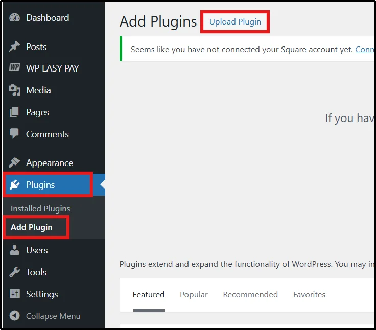 Plugins Add Plugin Upload Plugin screen in WordPress