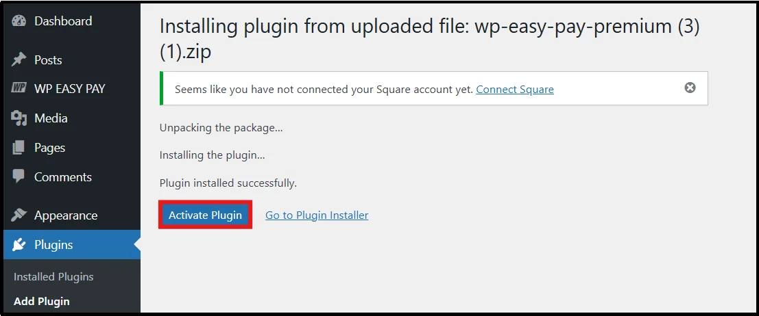 WordPress plugin activation page after successful upload