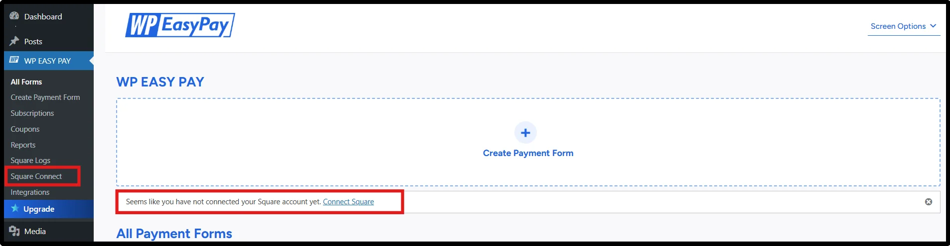 Connect Square notification in WordPress dashboard