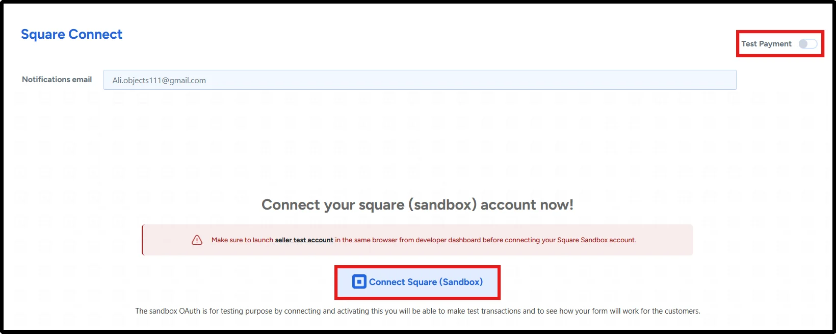 Square Connect settings with sandbox and production modes
