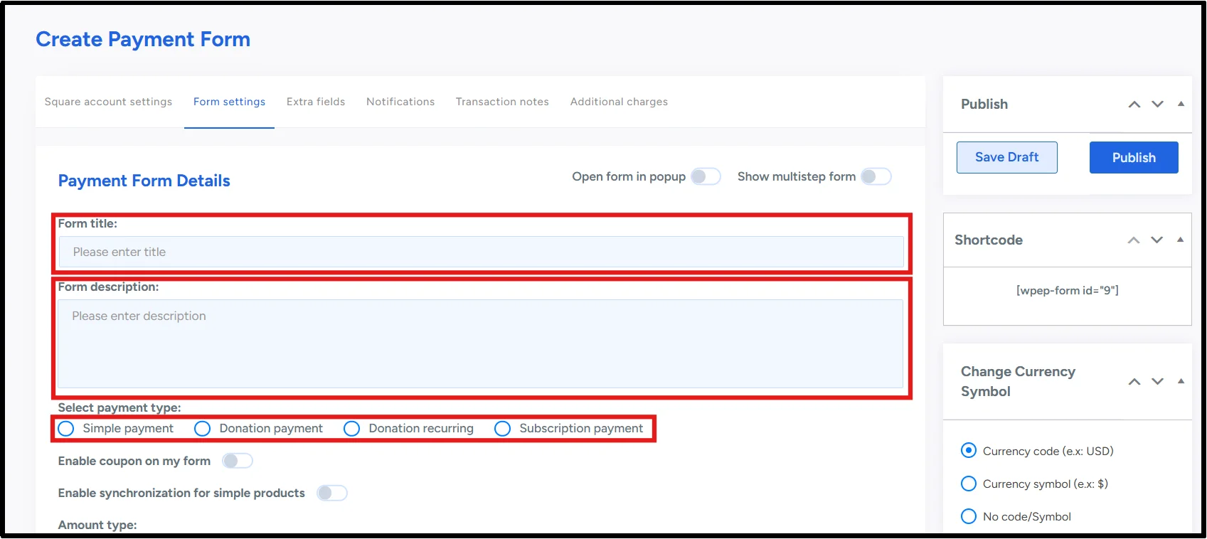 Four payment types available in WP Easy Pay
