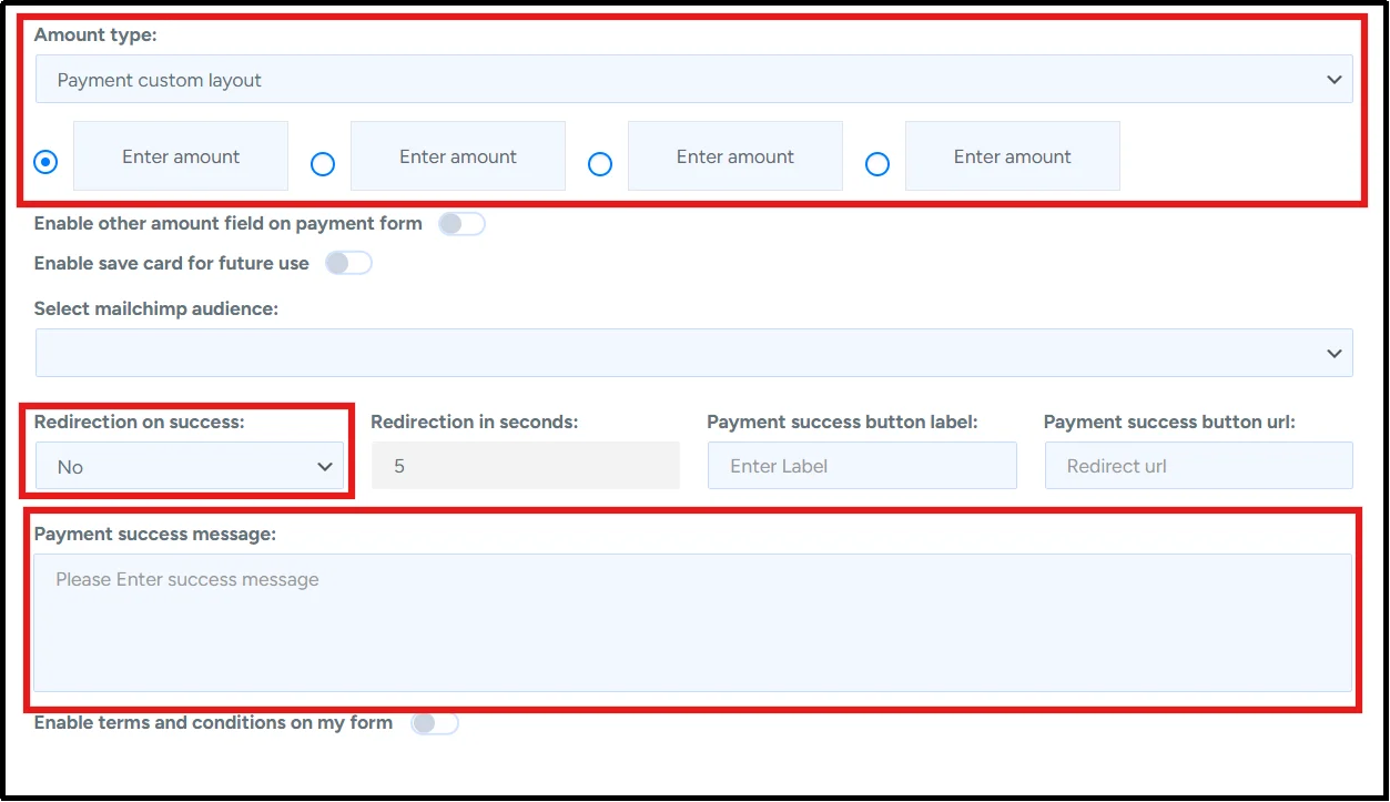 Completed Square payment form with amount settings