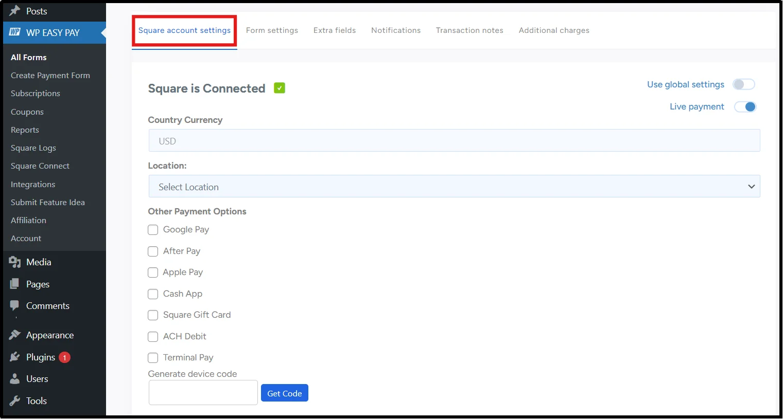 Square Account Settings tab showing store location