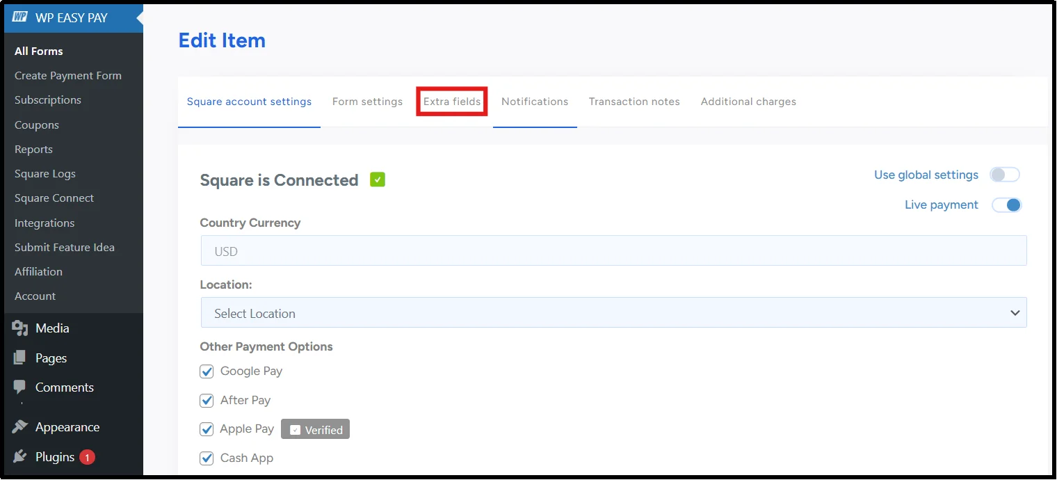 Extra Fields tab for payment form customization