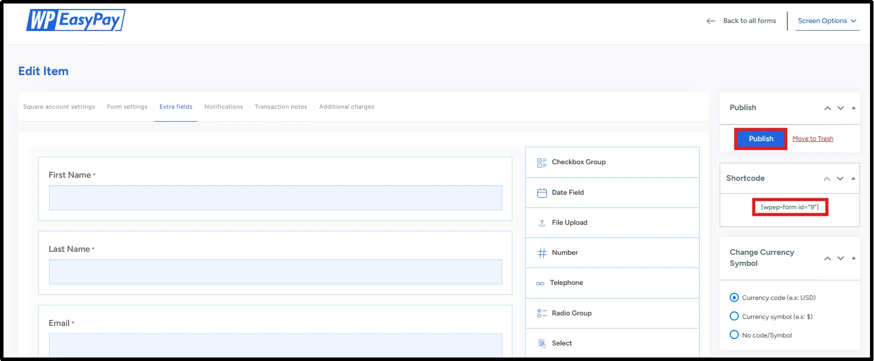 Published payment form with generated shortcode