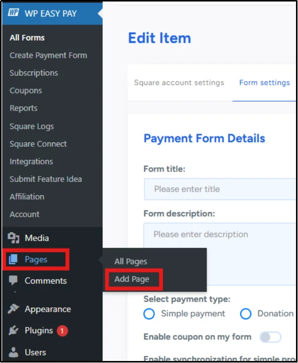 Pages Add Page menu in WordPress dashboard