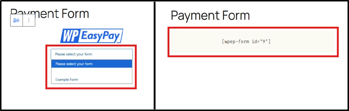 Selecting payment form from WordPress block dropdown