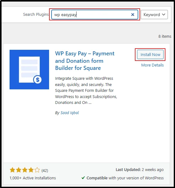 Searching for the WP Easy Pay payment gateway plugin in the WordPress Add Plugins search bar