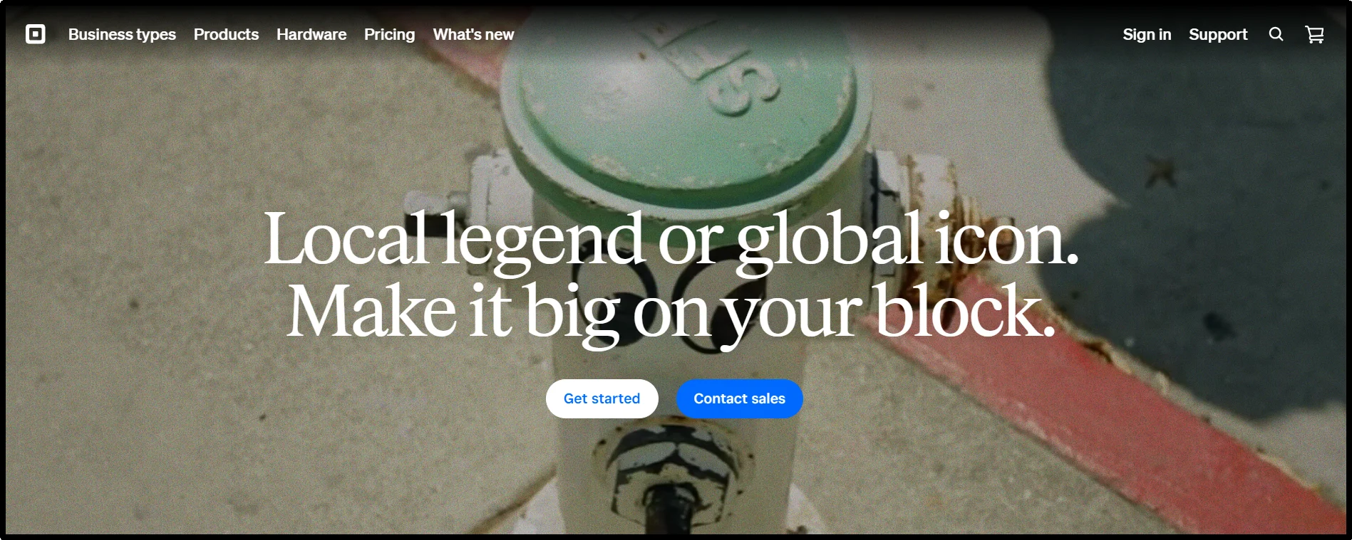 Square homepage promoting payment solutions for local and global businesses