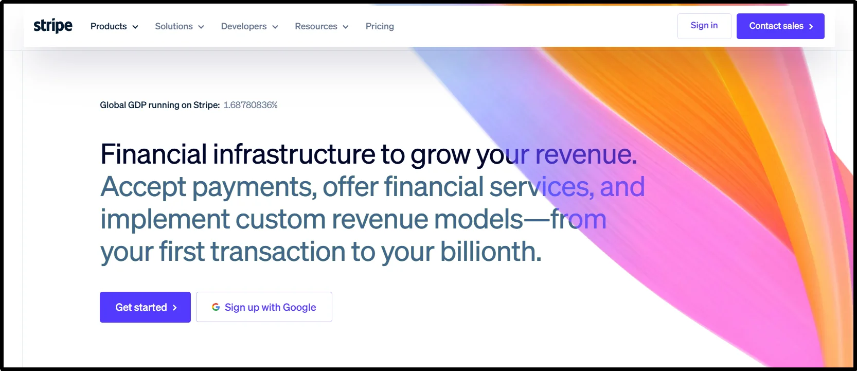 Stripe homepage offering financial infrastructure to accept payments and grow revenue