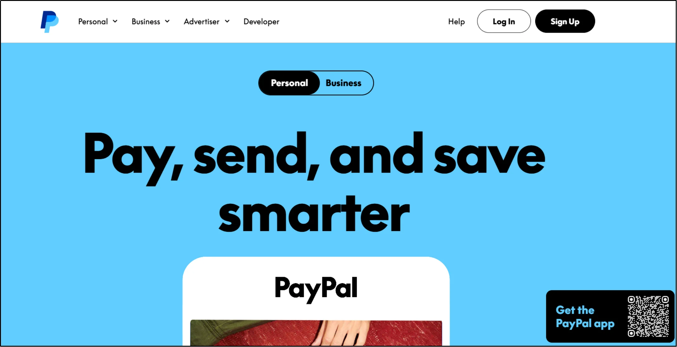 PayPal homepage with a Pay, send, and save smarter headline and personal or business toggle