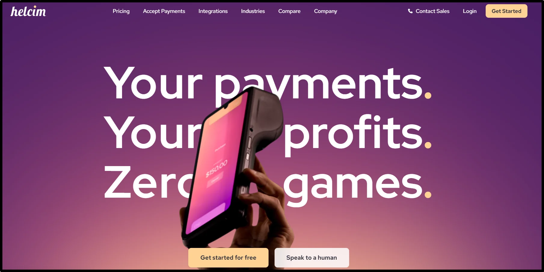 Helcim homepage showing a handheld card reader beside its Your payments, your profits headline