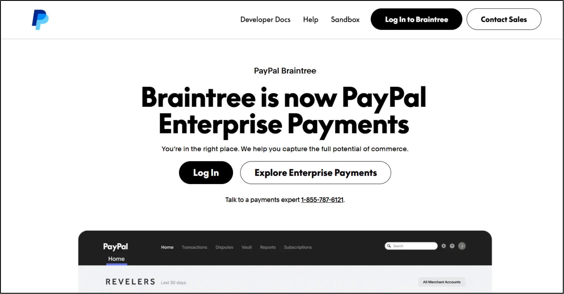 PayPal Braintree homepage announcing Braintree is now PayPal Enterprise Payments