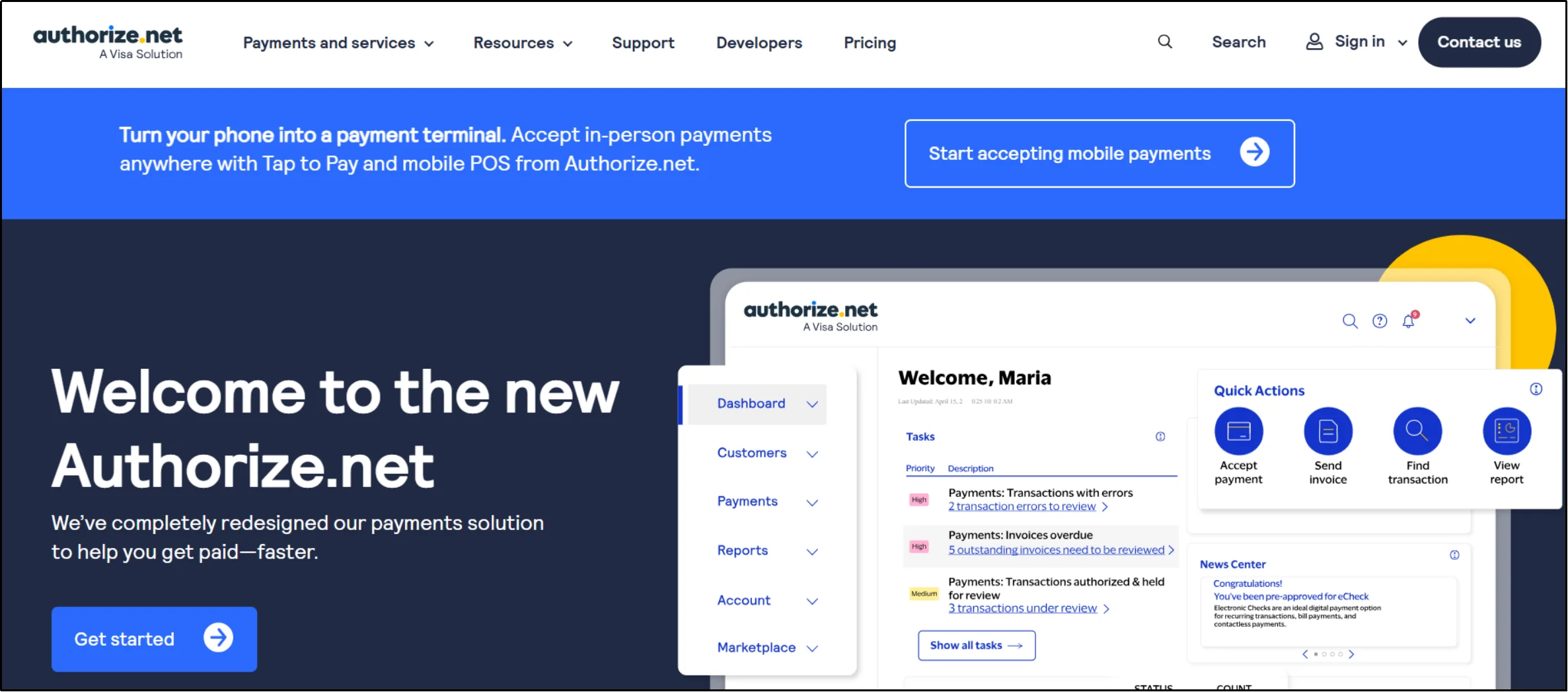 Authorize.Net homepage showing its redesigned payments dashboard with tasks and quick actions