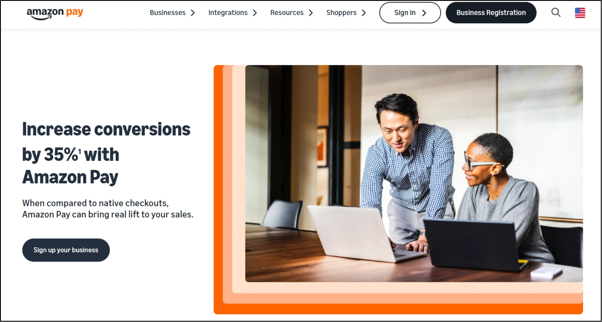 Amazon Pay homepage stating it increases conversions by 35% compared to native checkouts