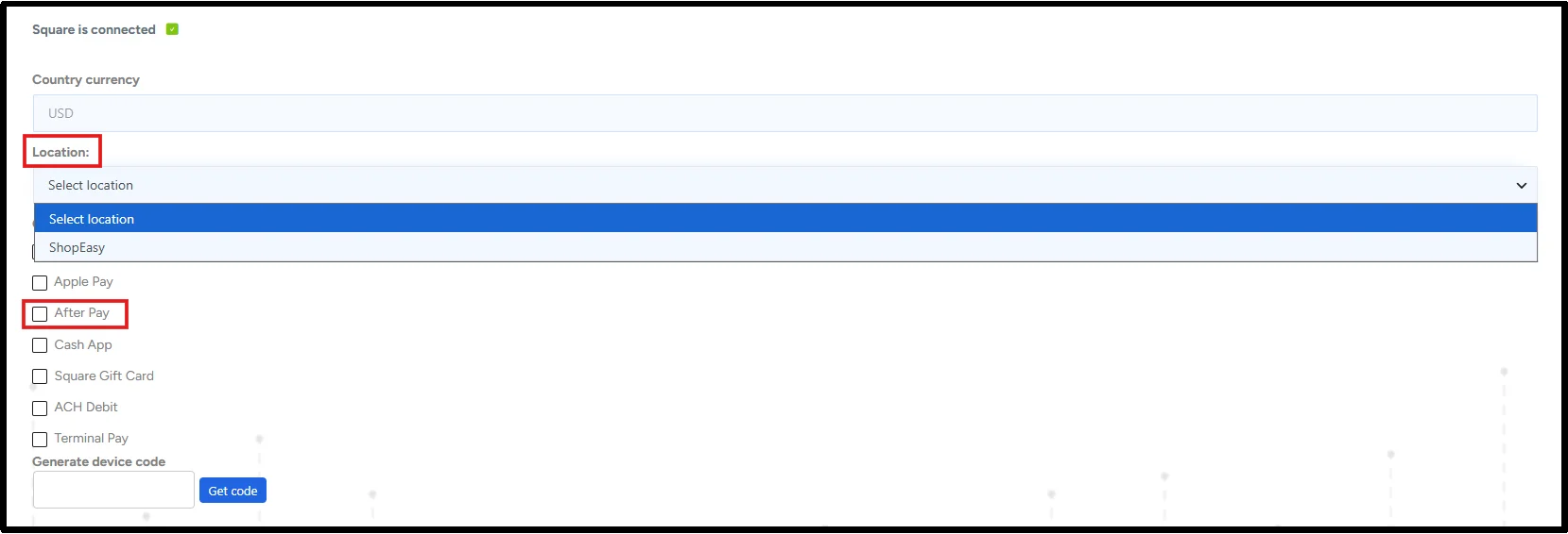 Select Afterpay from the payment methods list