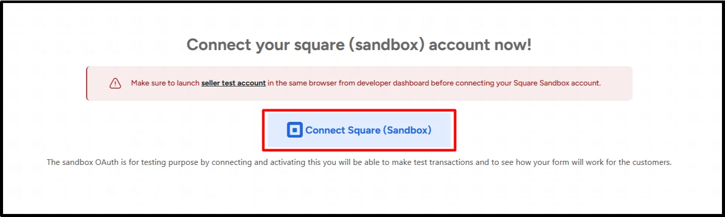 Connect Square (Sandbox) button in WP Easy Pay for testing payments in WordPress