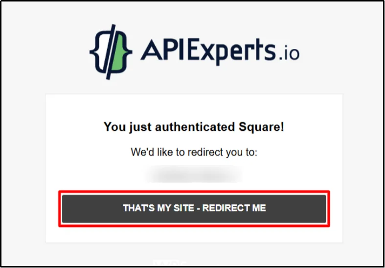 Square authentication confirmation screen with the That's My Site – Redirect Me button highlighted