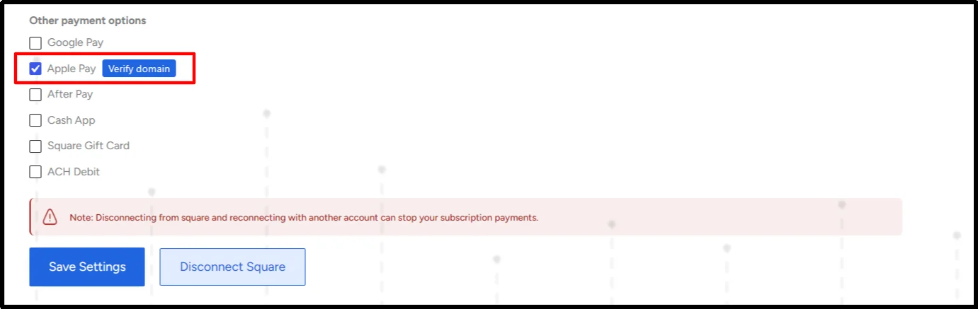 Apple Pay checkbox enabled in WP Easy Pay with the Verify Domain button highlighted