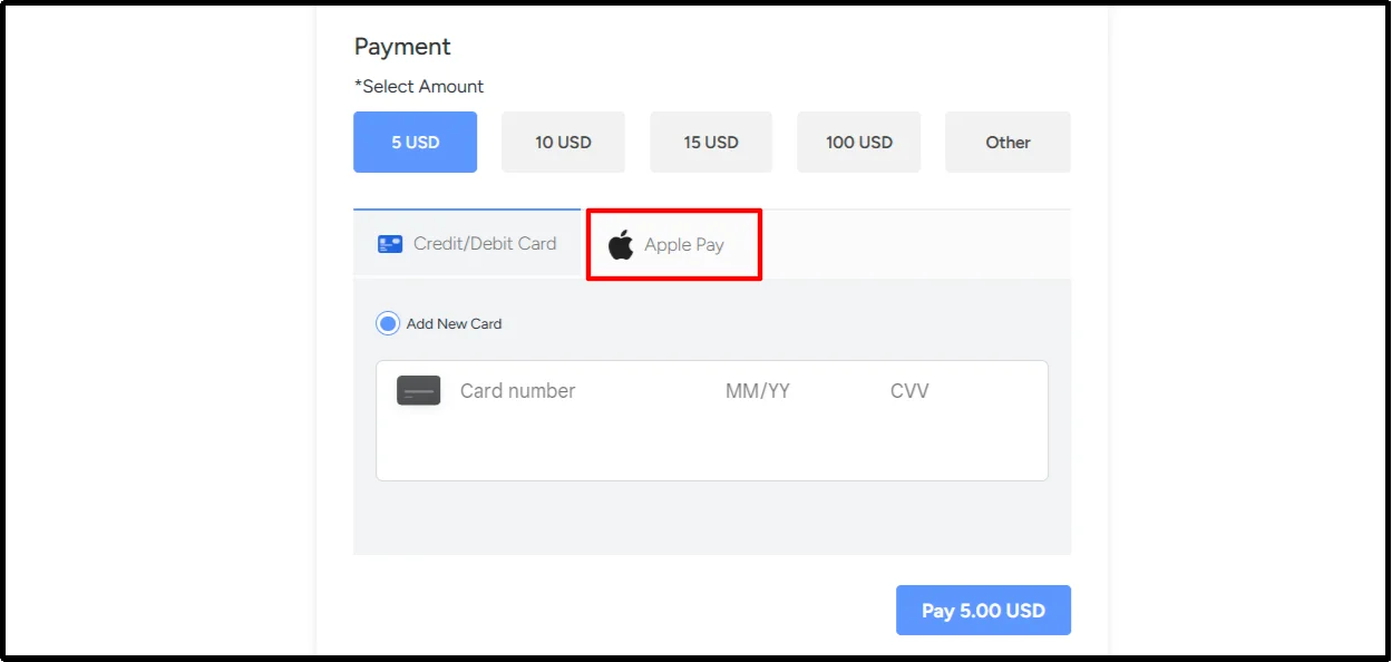 WordPress payment form with the Apple Pay option shown beside credit and debit card payment