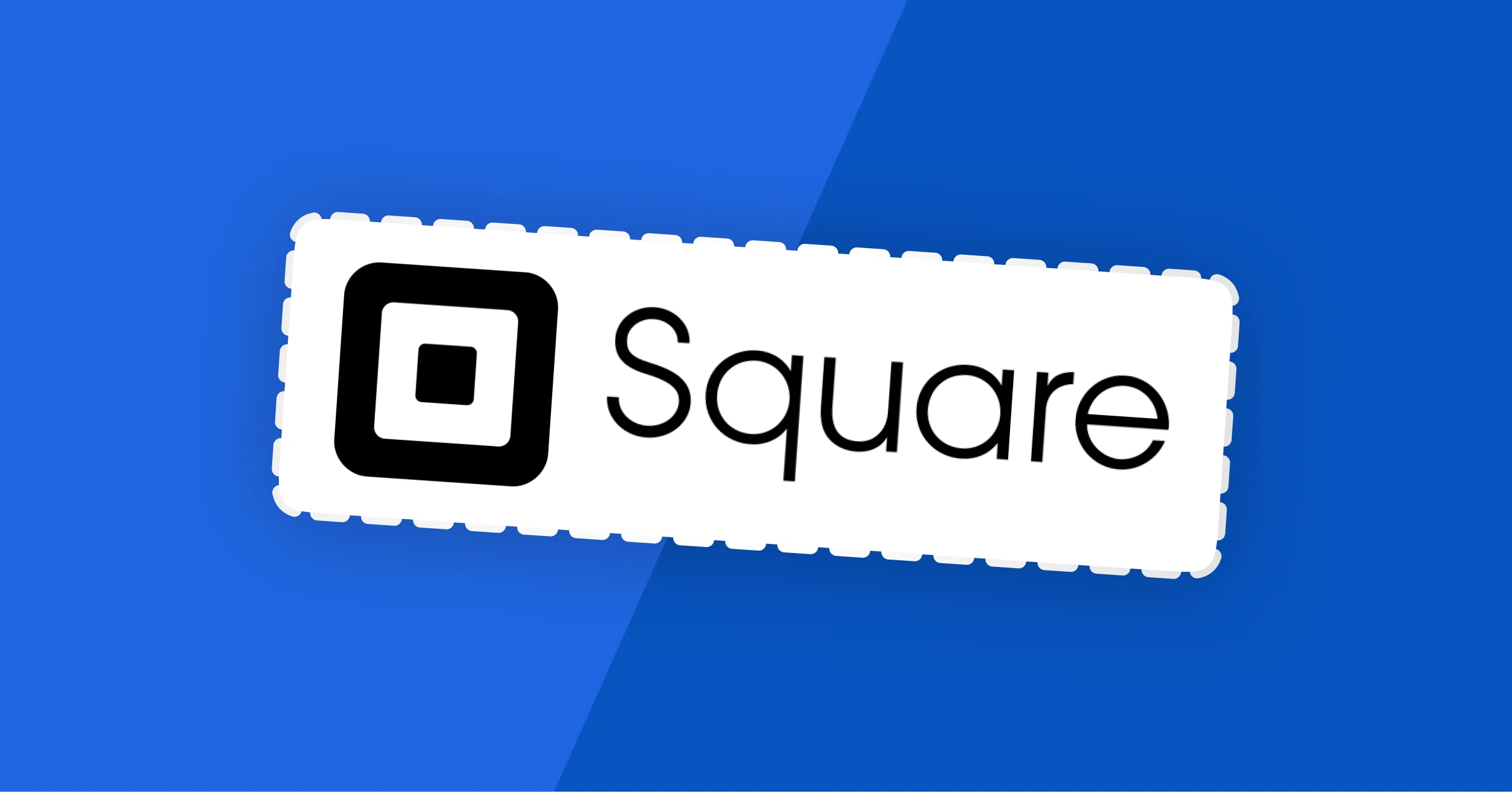 Square logo on a white tilted card featuring a black rounded-square icon next to the word 'Square' on a blue background.