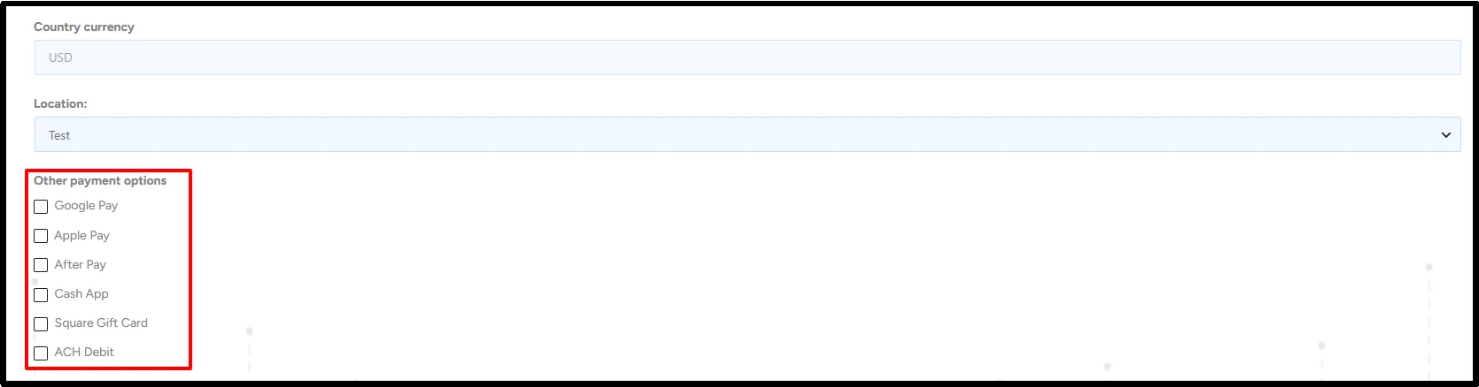 WP Easy Pay Square settings showing USD currency, location, and other payment options including Cash App
