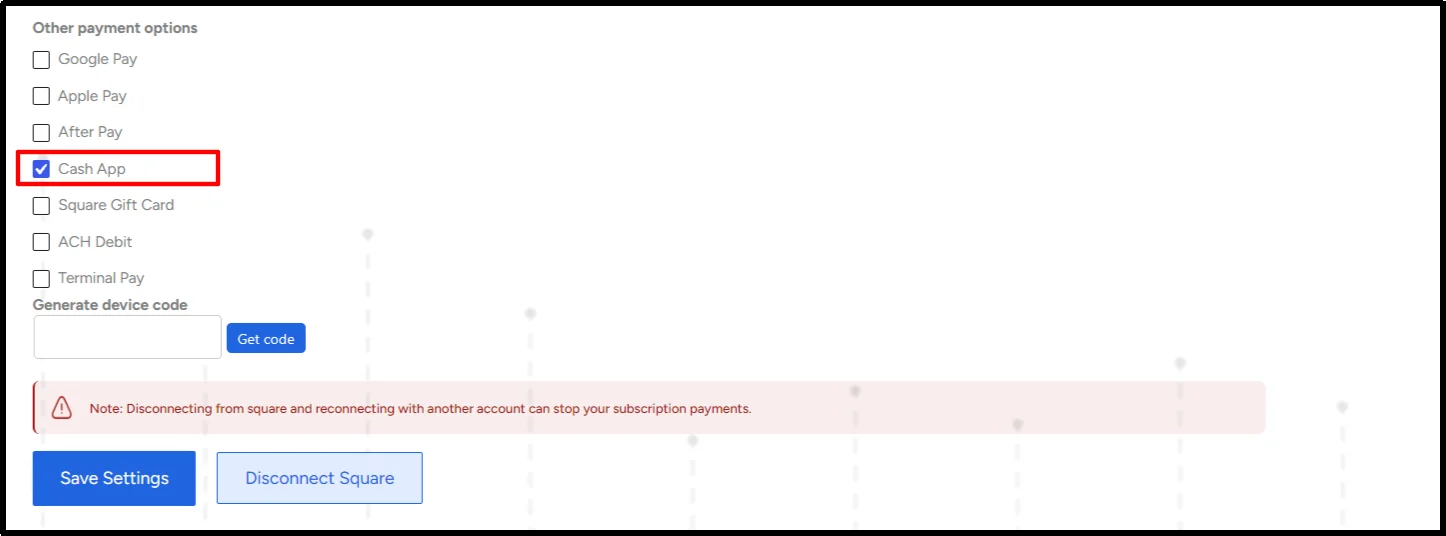 Cash App checkbox enabled under other payment options in WP Easy Pay Square settings