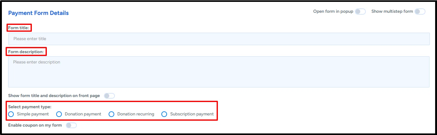 Payment form details screen with form title, description, and payment type options