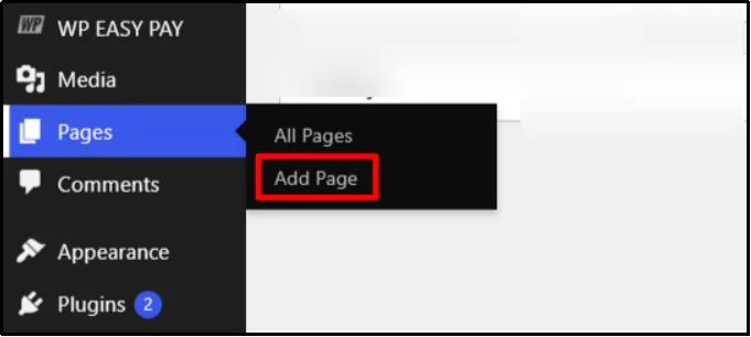 WordPress Pages menu with the Add Page option highlighted