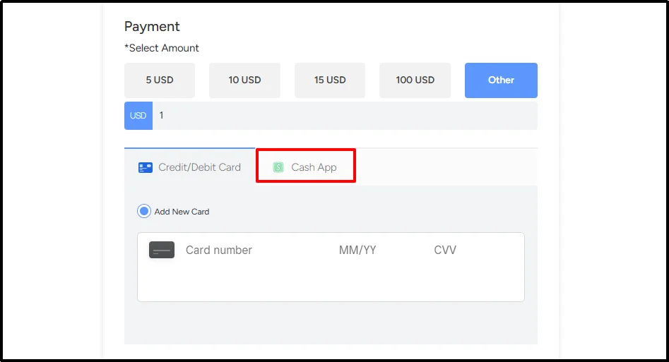 WordPress payment form with Cash App Pay shown as a checkout option next to credit and debit card