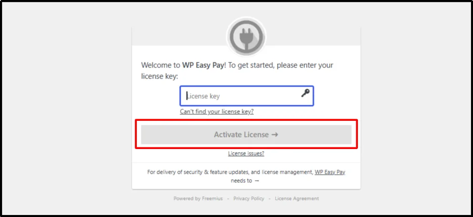 WP Easy Pay welcome screen with license key field and Activate License button