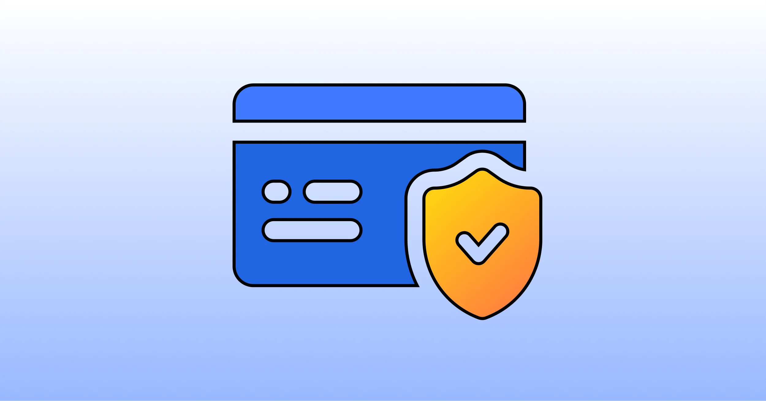 Blue credit card icon with an orange security shield and checkmark representing protected card payments