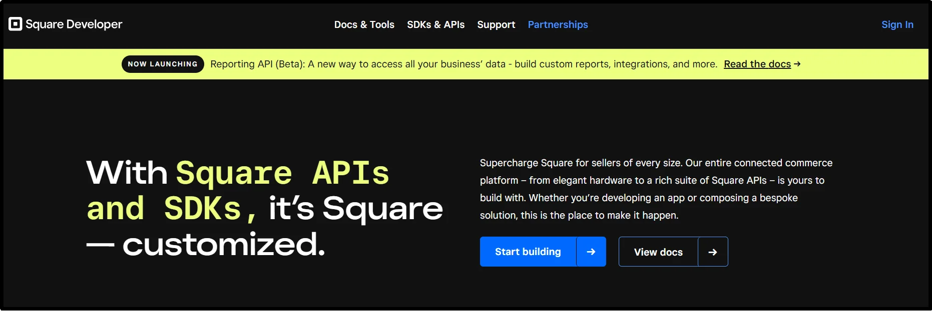 Square Developer website homepage with Sign In and Start building buttons