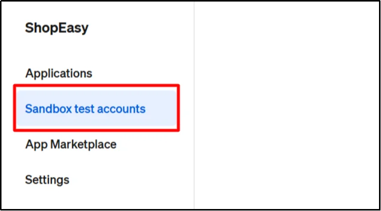 Sandbox test accounts option highlighted in the Square Developer Console sidebar