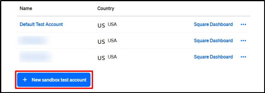 New sandbox test account button below the list of Square Sandbox test accounts