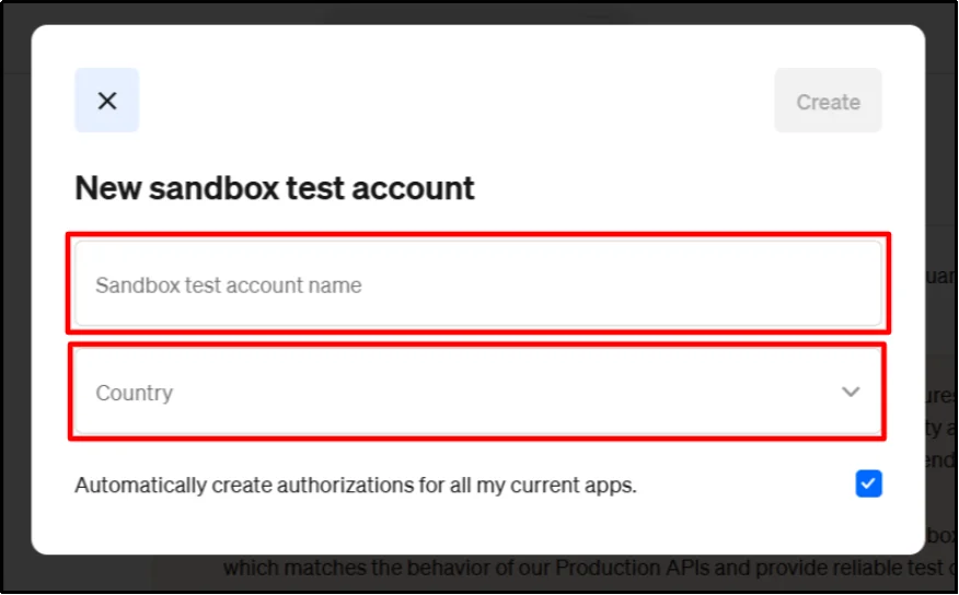 New sandbox test account form with account name and country fields highlighted
