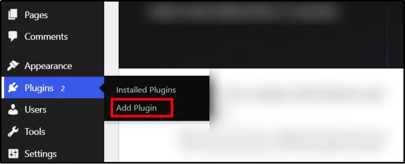 Add Plugin option highlighted under the Plugins menu in the WordPress dashboard