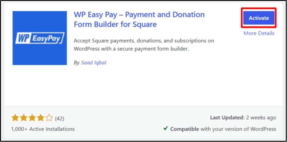 Activate button highlighted on the WP Easy Pay plugin card in WordPress