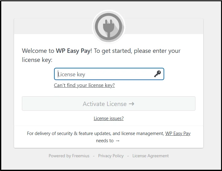 WP Easy Pay welcome screen with license key field and Activate License button