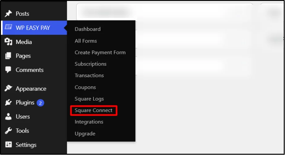 Square Connect option highlighted in the WP Easy Pay menu in WordPress