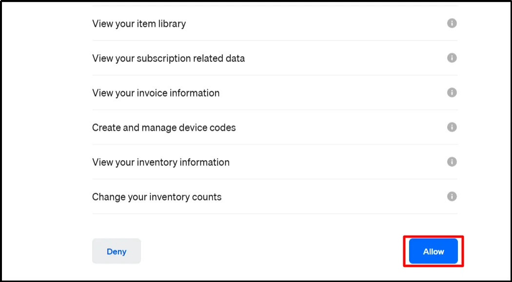 Square permissions page with the Allow button highlighted