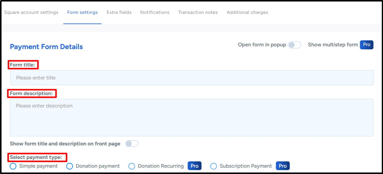 WP Easy Pay form settings showing form title, description, and payment type options