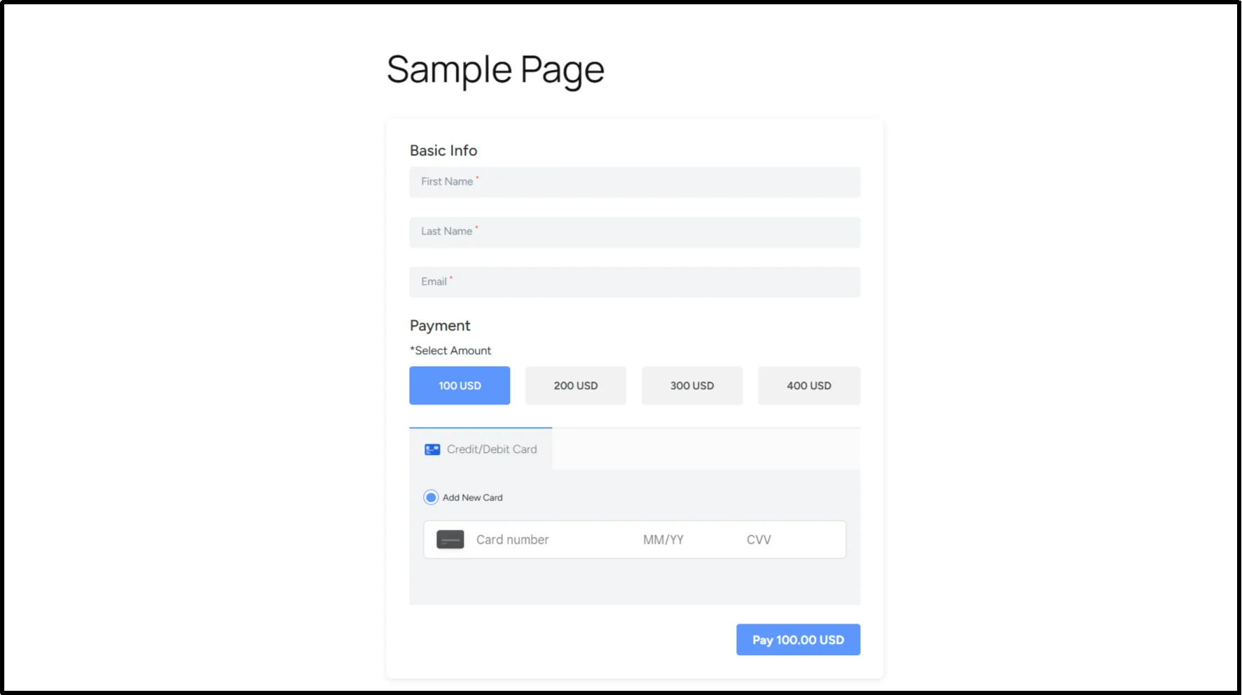 Square payment form on a WordPress page with customer info and card fields