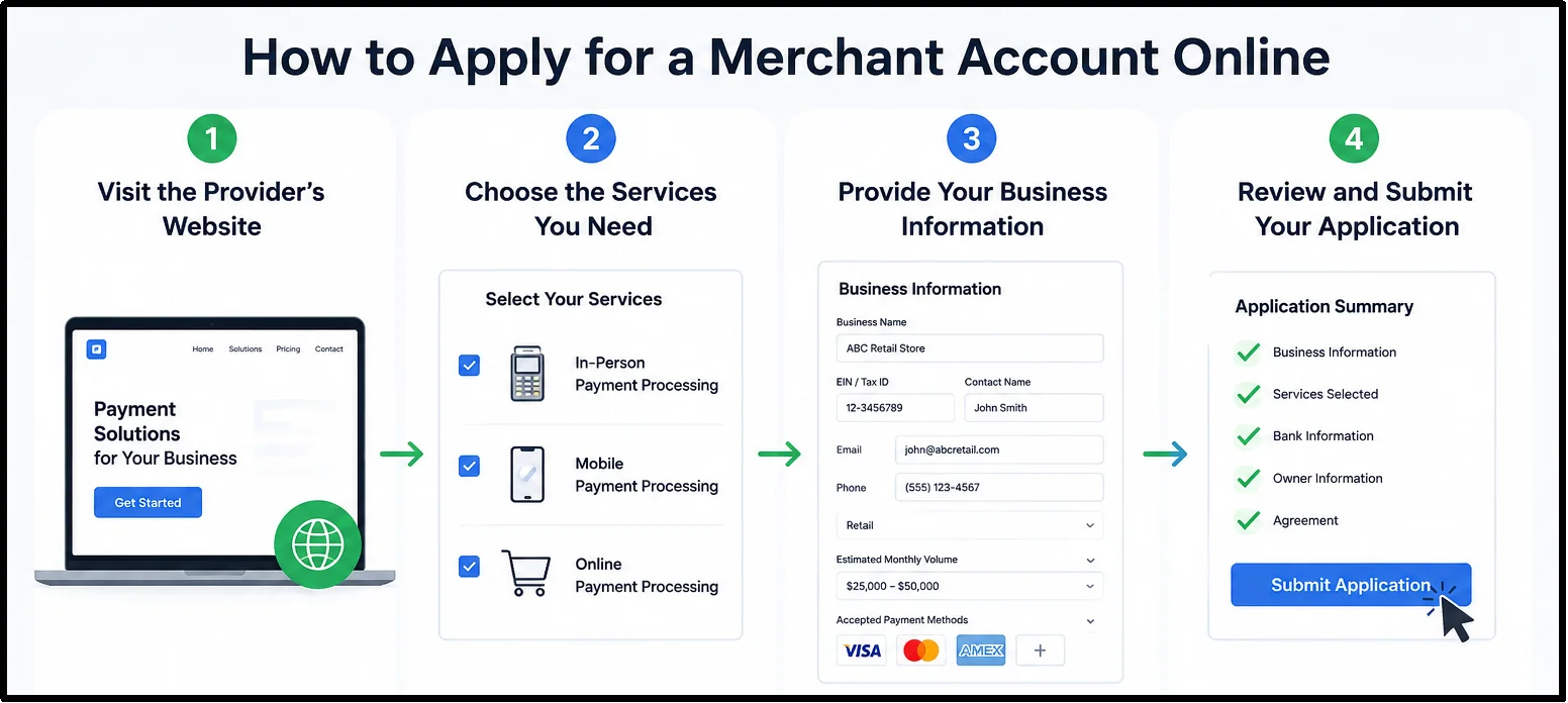 Online merchant account application form with business information and document submission process