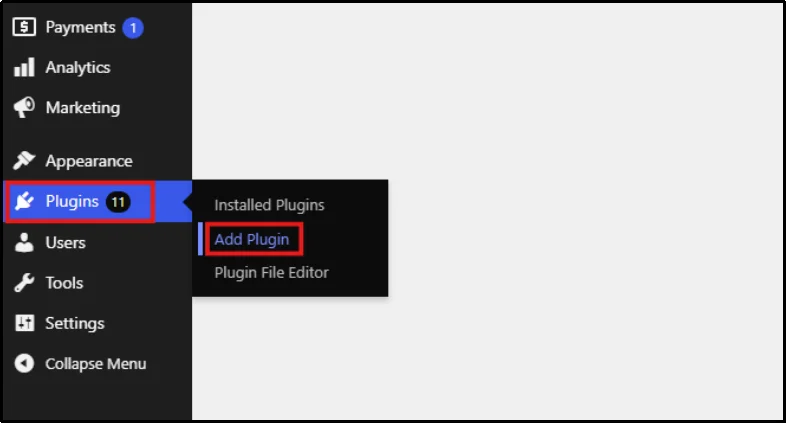 WordPress Plugins tab expanded showing Add Plugin