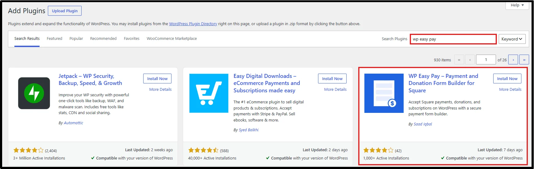 WP Easy Pay in WordPress plugin search results