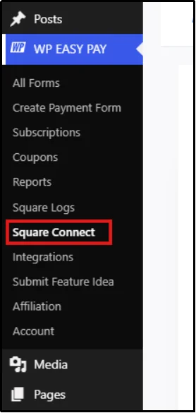 Square Connect tab in WP Easy Pay settings
