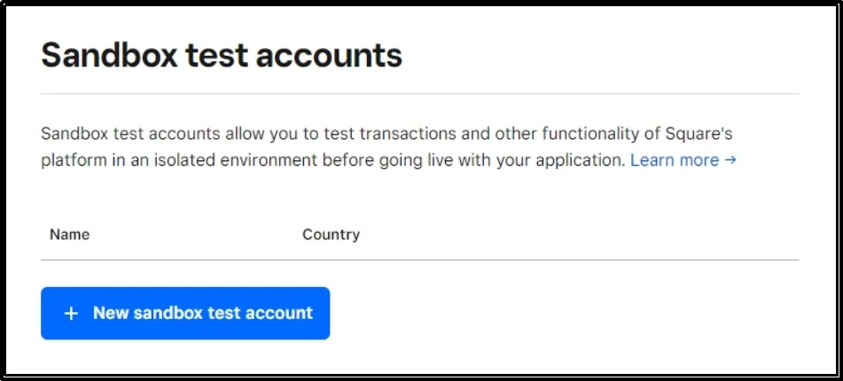 Seller Test Account option in Square Dashboard